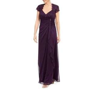 Betsy & Adam Purple Sweetheart Neckline Lace Draped Empire Waist Gown Size 16